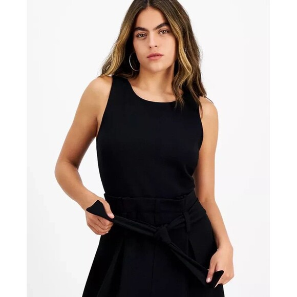 Bar III Petite Women's Sleeveless Crewneck Tie-Waist Jumpsuit Chic Deep Black PM - Picture 3 of 13